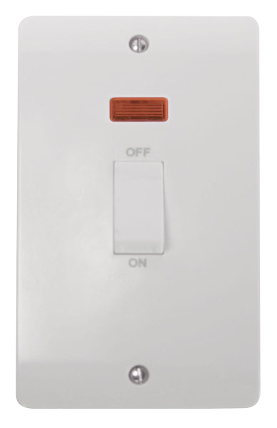 45A 2 Gang (Vertica) Double Pole Plate Switch With White Rocker & Neon