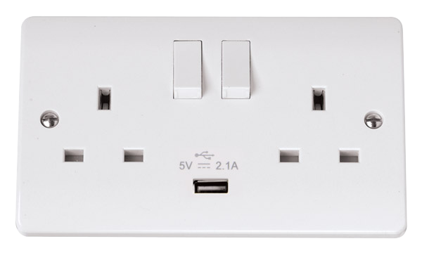 13A 2 Gang Switched Socket Outlet With Single 2.1A USB Outlet