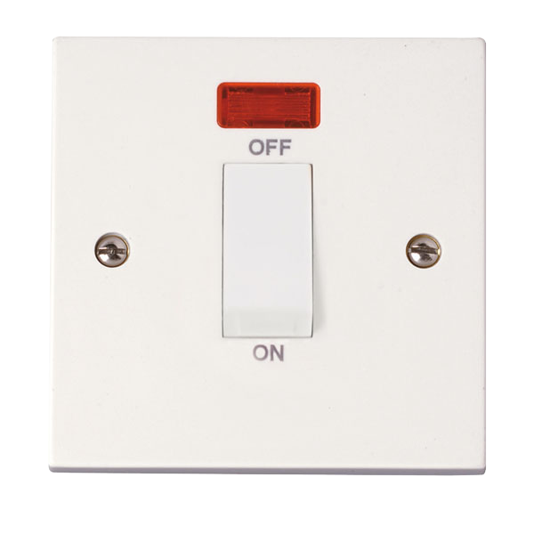 45A 1 Gang Double Pole Plate Switch With White Rocker & Neon