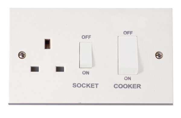 45A 2 Gang Double Pole Switch With 13A Double Pole Switched Socket Outlet & White Rockers