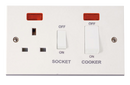 45A 2 Gang Double Pole Switch With 13A Double Pole Switched Socket Outlet, White Rockers & Neons