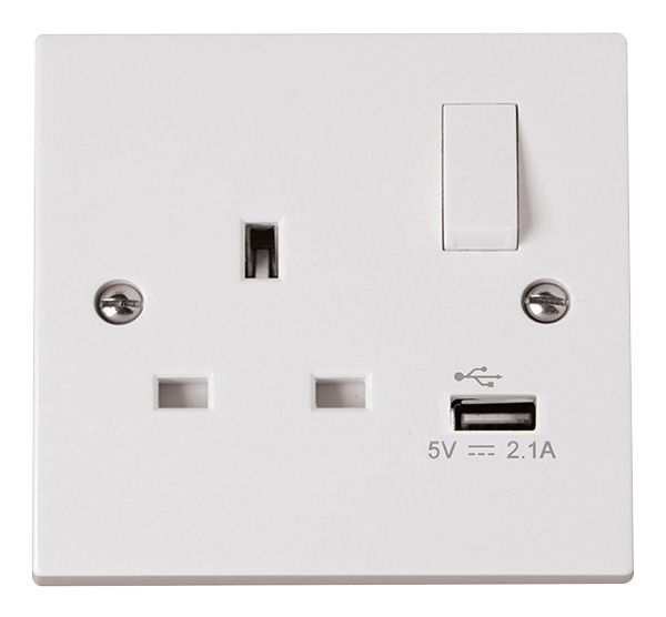13A 1 Gang Switched Socket Outlet With Single 2.1A USB Outlet