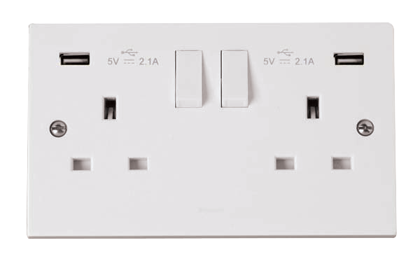 13A 2 Gang Switched Socket Outlet With Twin USB (Total 4.2A) Outlets