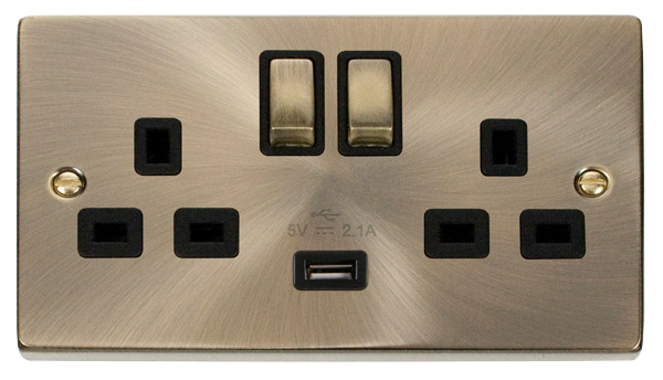 13A Ingot 2 Gang Switched Socket Outlet With Single 2.1A USB Outlet