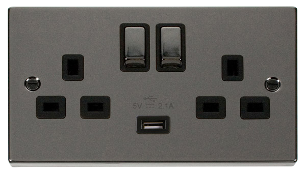 13A Ingot 2 Gang Switched Socket Outlet With Single 2.1A USB Outlet