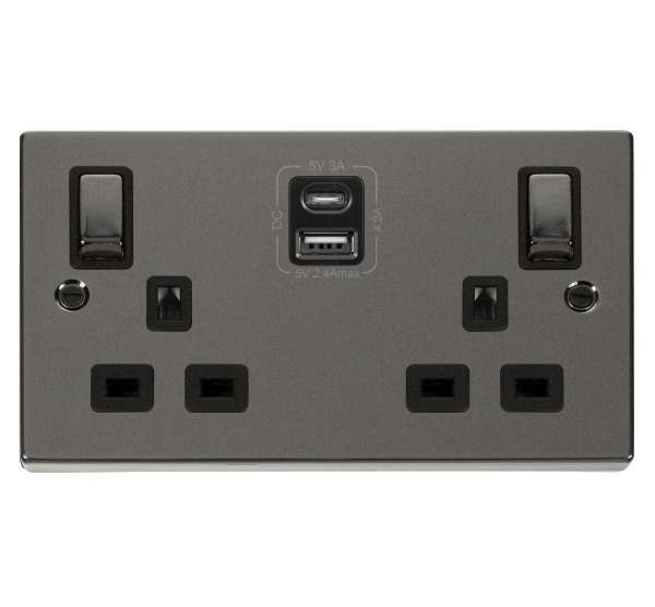 13A Ingot 2 Gang Switched Safety Shutter Socket Outlet With Type A & C USB (4.2A) Outlets