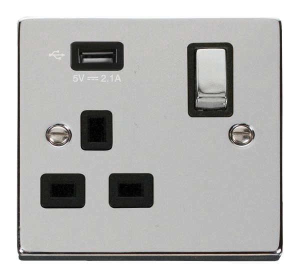 13A Ingot 1 Gang Switched Socket Outlet With Single 2.1A USB Outlet