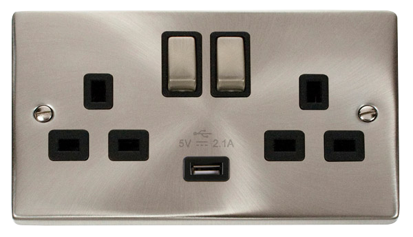 13A Ingot 2 Gang Switched Socket Outlet With Single 2.1A USB Outlet