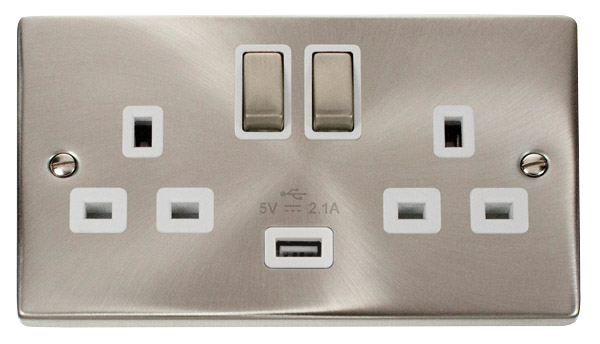 13A Ingot 2 Gang Switched Socket Outlet With Single 2.1A USB Outlet