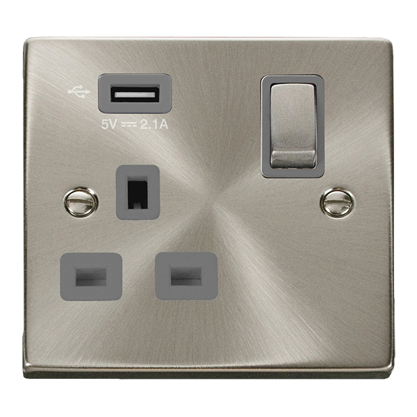 13A Ingot 1 Gang Switched Socket Outlet With Single 2.1A USB Outlet