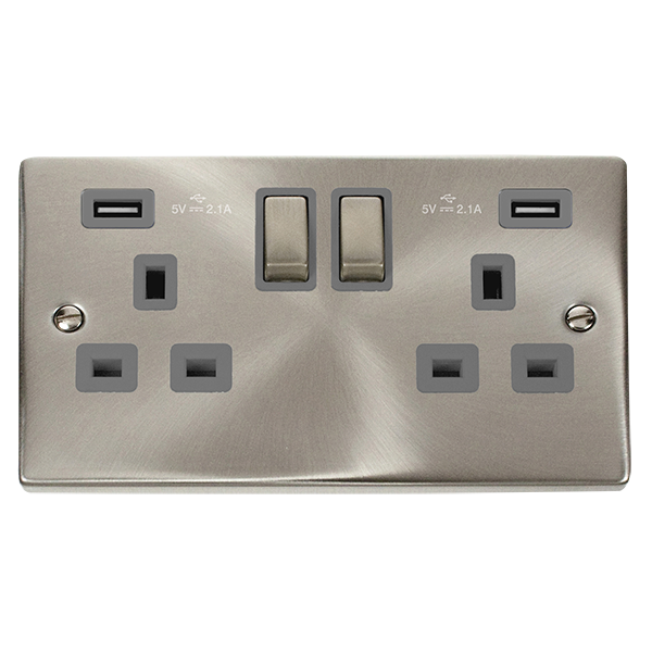 13A Ingot 2 Gang Switched Socket Outlet With Twin USB (Total 4.2A) Outlets